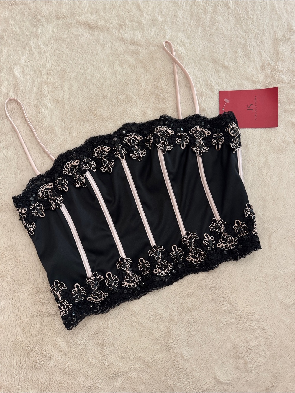JS Collections Black Satin Bandeau with Blush Lace Accents